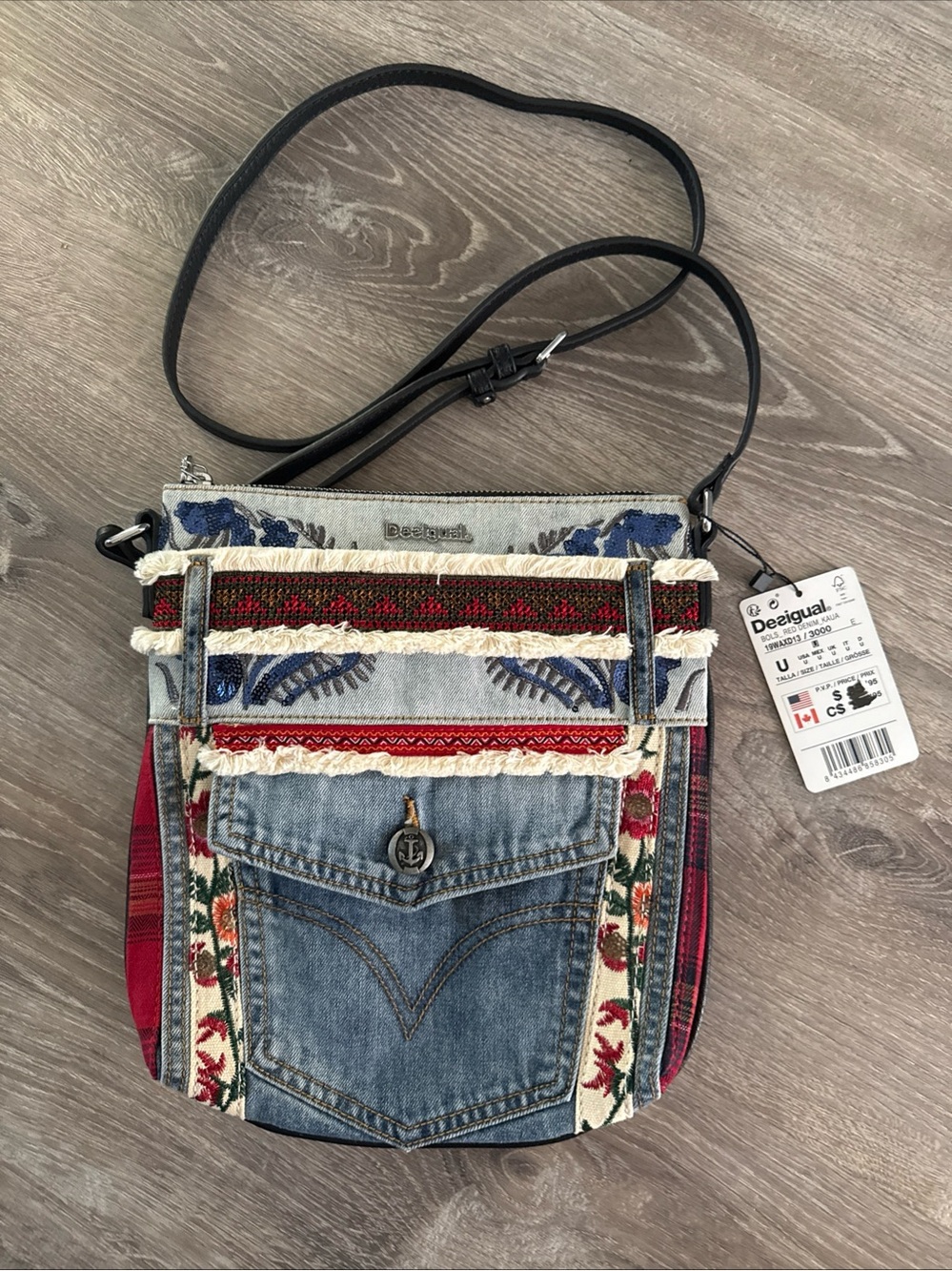 Desigual NWT Denim Crossbody Bag  Embroidery Sequin Patchwork I Want More Love